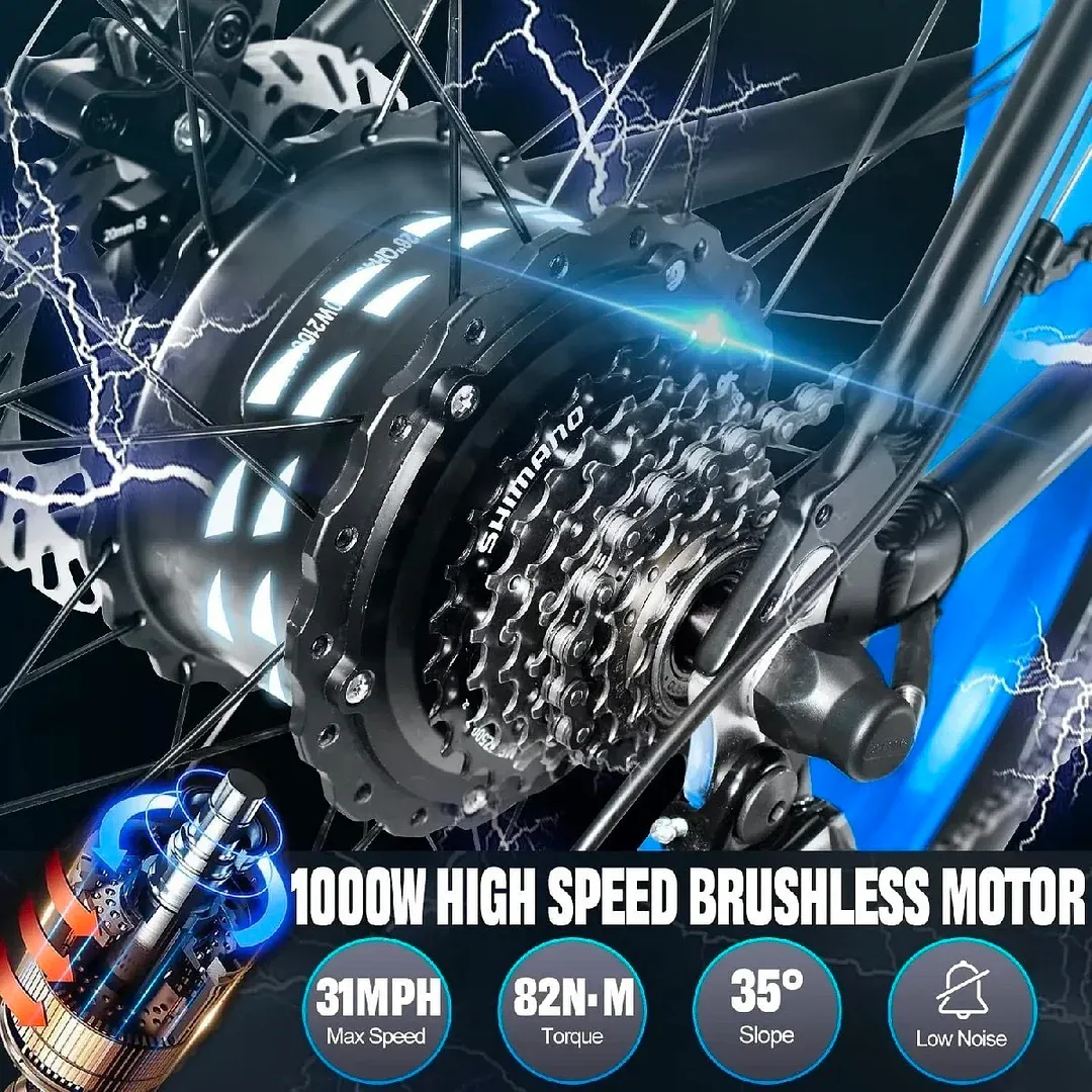【Upgraded Electric Mountain Bike】1000W Power | 48V 17.5Ah Detachable Battery | 31MPH | All-Terrain Fat Tires